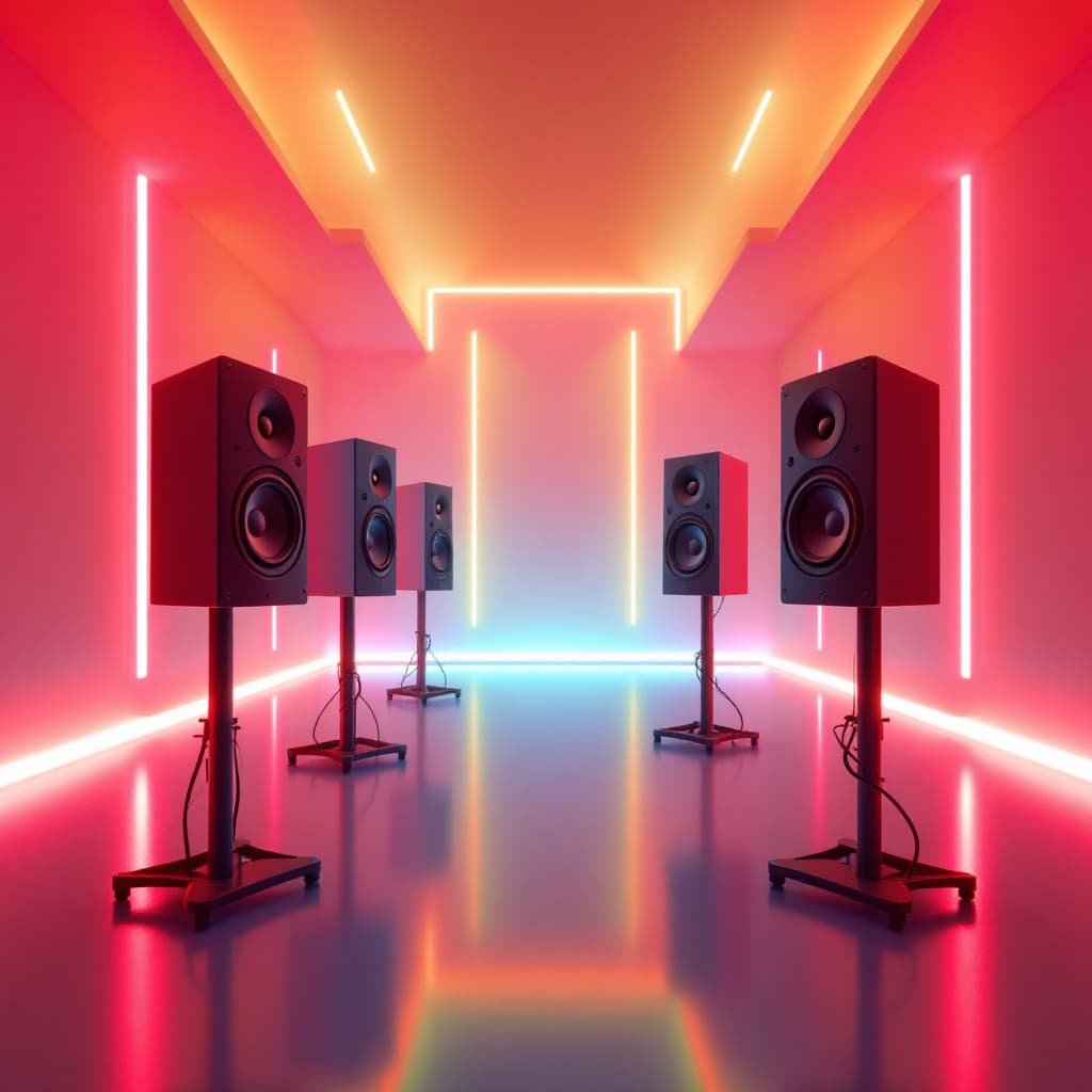 AI generated: a room with music speaker towers with neon vivid woofer colors standing in the center of the room po...