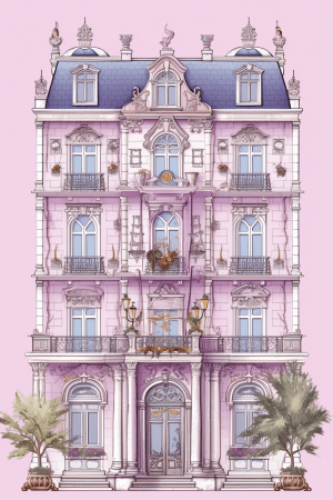 AI generated: A vintage design with Victorian building, pastel pink & lavender color on exterior walls, centered, ...