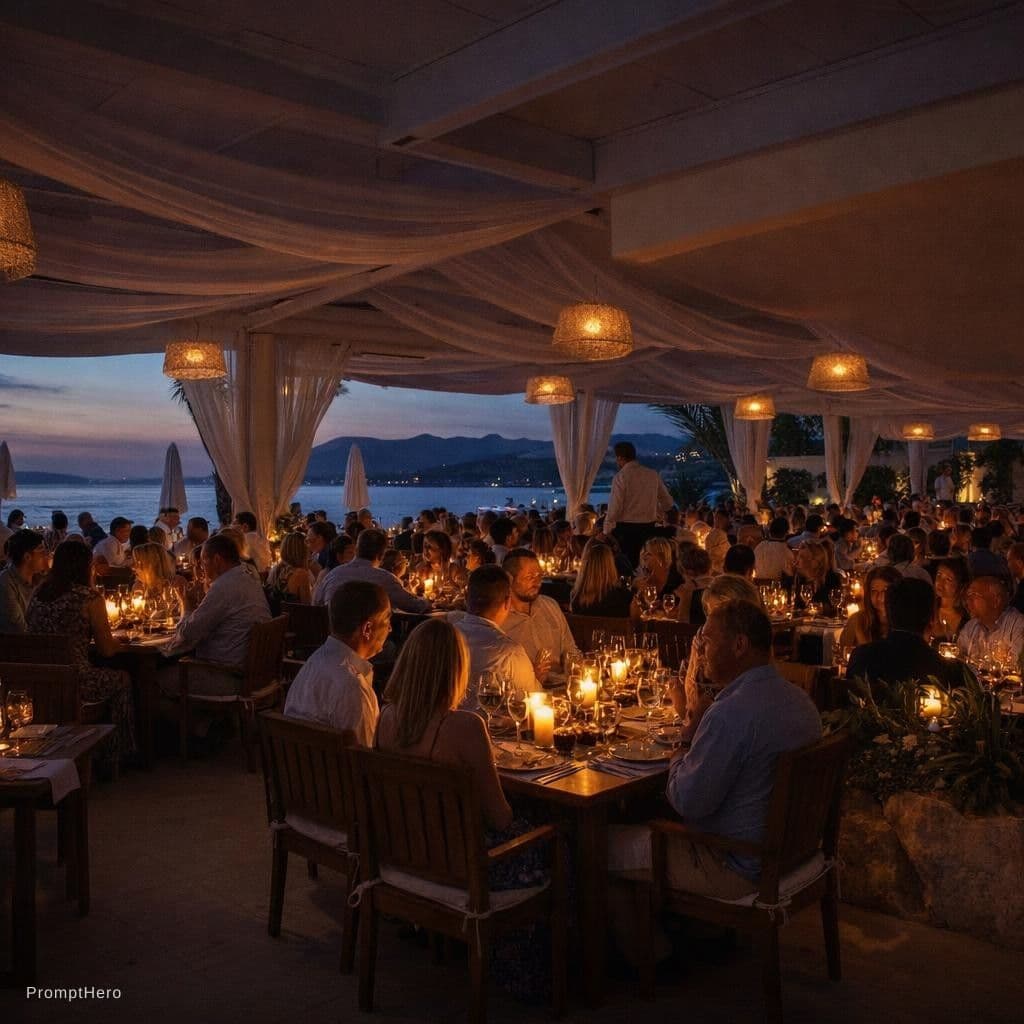 AI generated: Place a group of 50+ people on the tables 
Make it more evening cosy with candles on the table 

