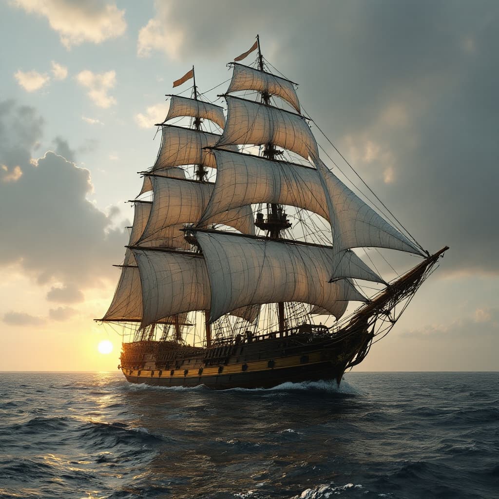 AI generated: Photo of a ultra realistic sailing ship, dramatic light, pale sunrise, cinematic lighting, battered,...