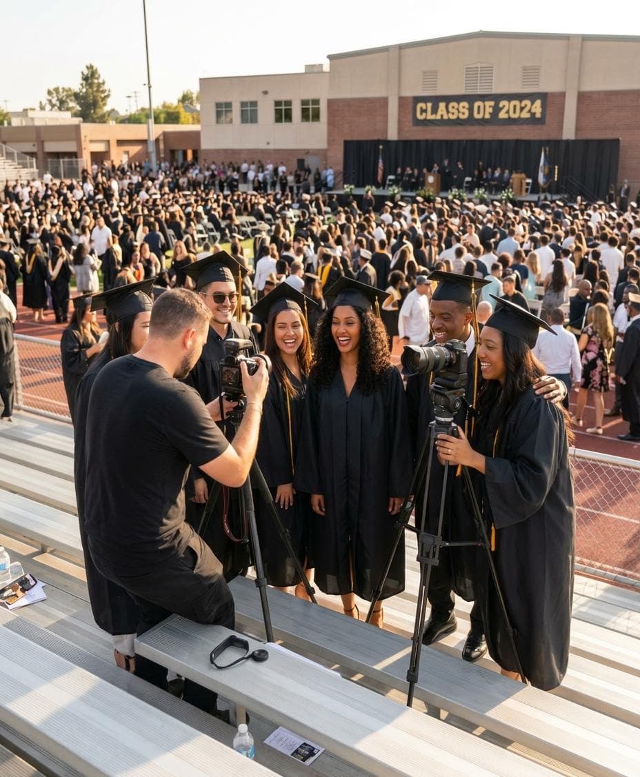 AI generated: Candid, hyper-realistic, taking pictures with classmates after college graduation ceremony 