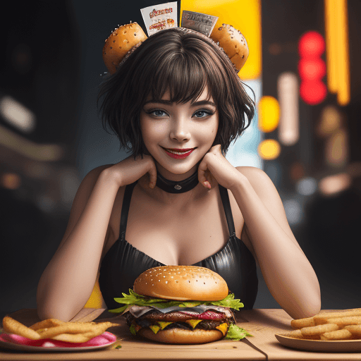 AI generated: Cuisine, A smiling woman wears a dress made of burger as she lays on a table, rich deep colors, intr...