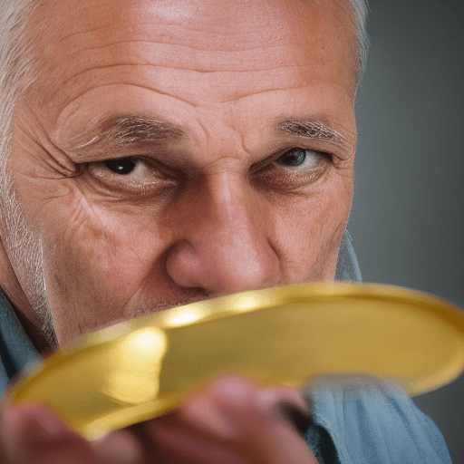 AI generated: old researcher, observing gold greek coin, defocused background