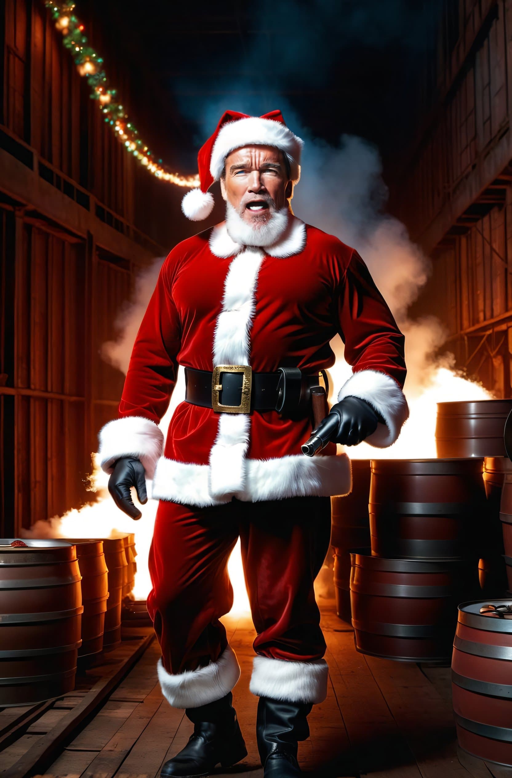 AI generated: action packed, (Arnold Schwarzenegger as Santa:1.3), (a large smoking shotgun in his hands:1.2), (an...