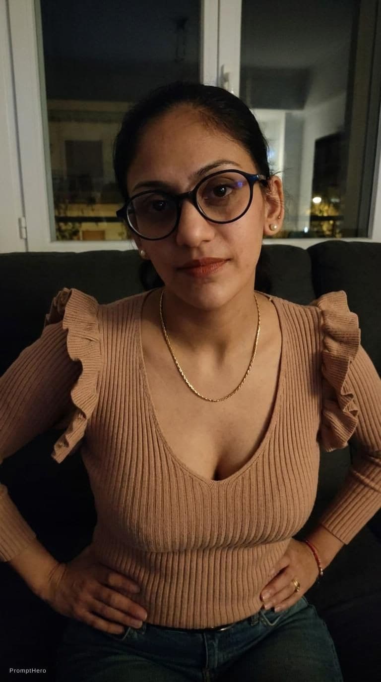 AI generated: looking at me. Sitting on a couch at night(no lights), wearing same (cleavage) dress décolleté, teas...
