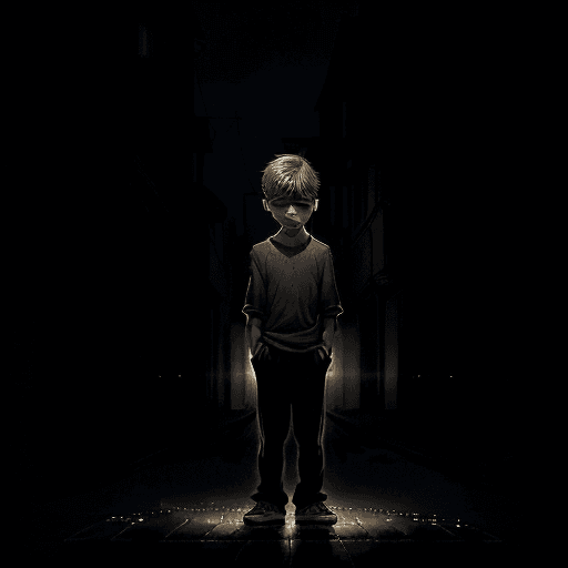 AI generated: The image features a digital illustration of a young boy crying intensely, standing on a street with...