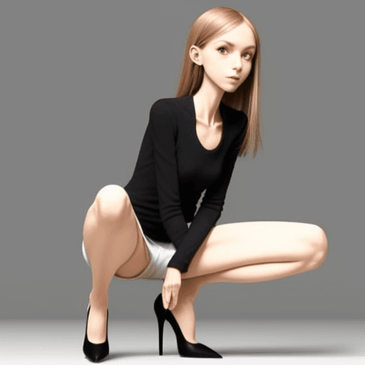 AI generated: very slim girl, with skinny legs and long skinny calves in high heels and squatting position