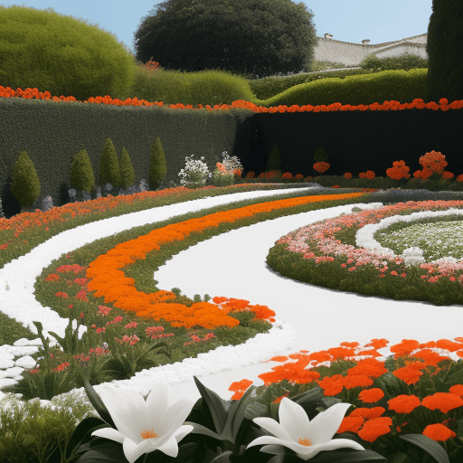 AI generated: jardin de flores de color blanco,con tallo negro,fondo difumindao naranja