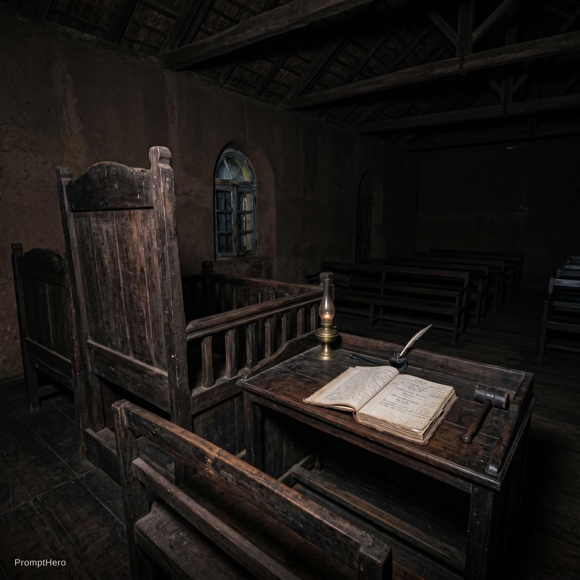 AI generated: dark courtroom background 1829  madagascar court dark brown dark black tones. photo realistic. no pe...