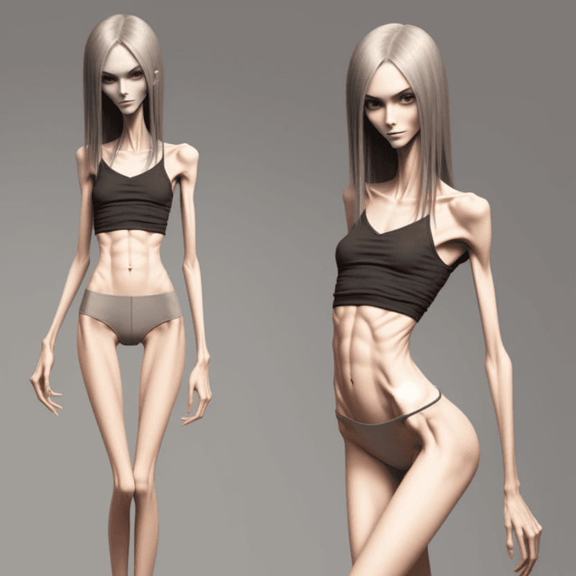 AI generated: extreme beautiful skinny slender (almost anorexic)  girl with skinny slender thighs narrow, 