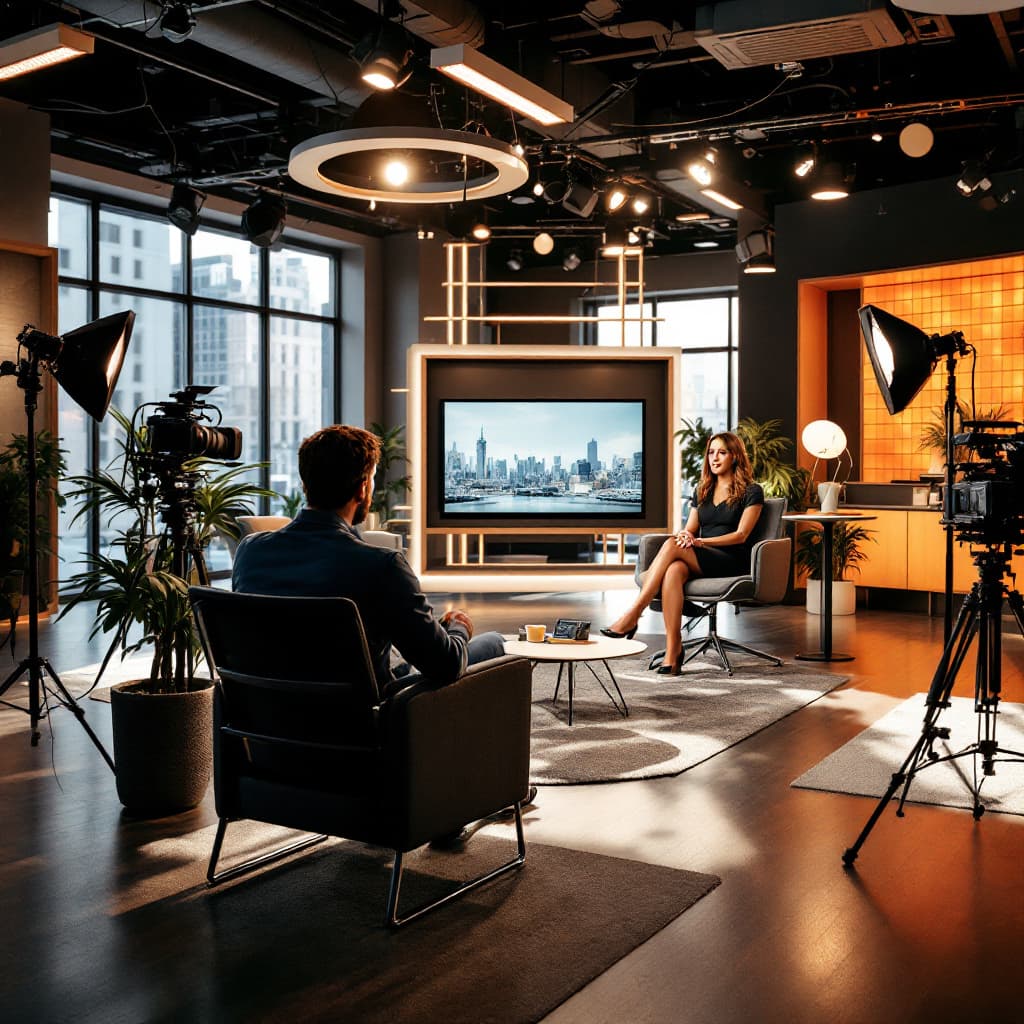 AI generated: a presenter on a chair facing the camera, a spacious TV studio with a frontal view, Herman Miller Ae...
