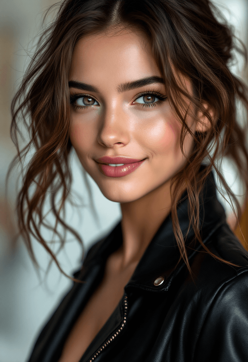 AI generated: Portrait of a 22-year-old Latina woman with porcelain pale white skin and wavy chestnut brown hair. ...