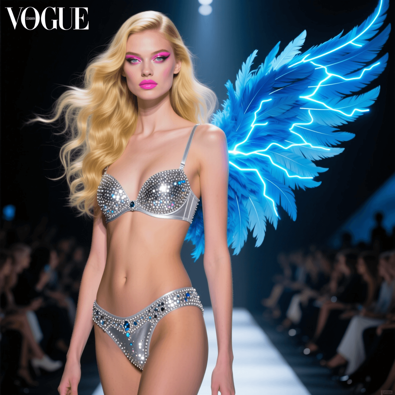 AI generated: A stunning blonde supermodel walking down a high-fashion runway, wearing a dazzling silver lingerie ...