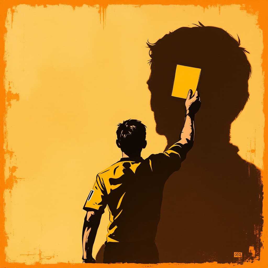 AI generated: A Man Facing away with shadow hold up a football Yellow Card like a referee on an orange background,...