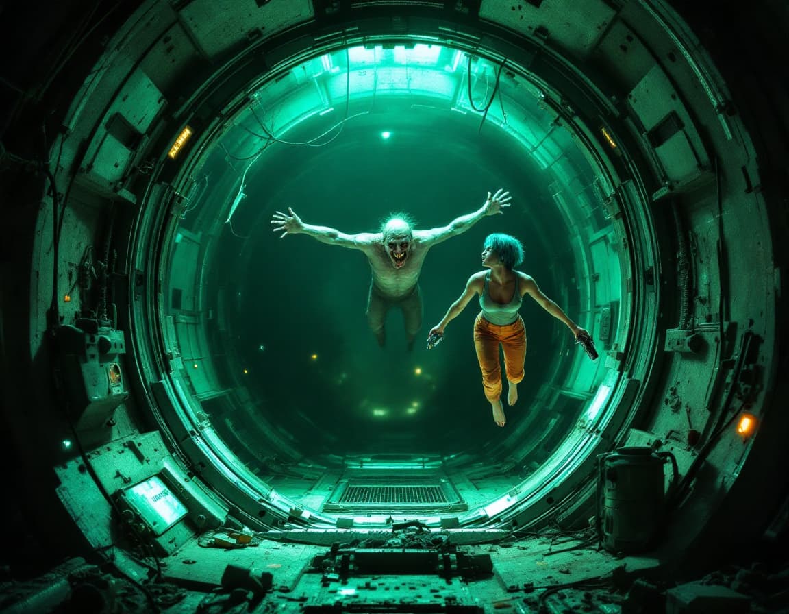 AI generated:  Astronaut woman, barefoot with perfect foot perfect toe,  full body view. Blue short hair, tank top...