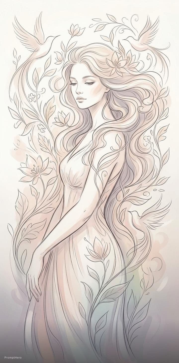 AI generated: Create a beautiful, intricate drawing of a woman in a nature-inspired, art nouveau style. The figure...