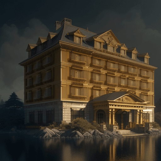 AI generated: Photo of a hotel in gold, award, ultra realistic, dramatic light, cinematic lighting, low angle, tre...