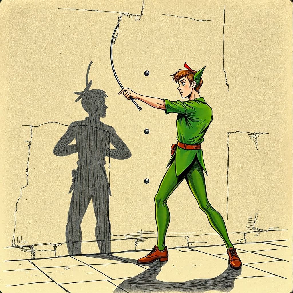 AI generated: Photorealistic comic book cover illustration, full body shot of peter pan fencing with his shadow ag...