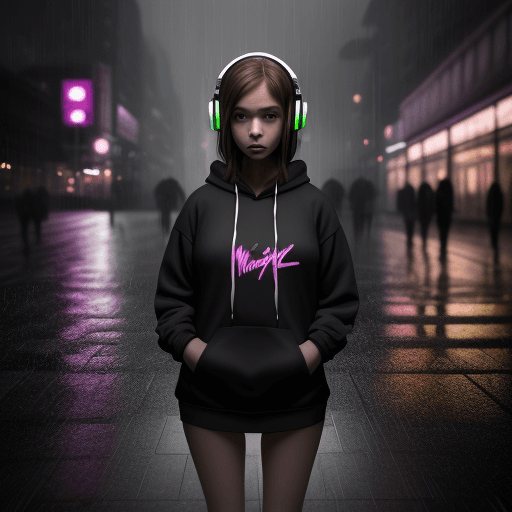 AI generated: masterpiece, girl alone, solo, incredibly absurd, hoodie, headphones, street, outdoor, rain, neon,
