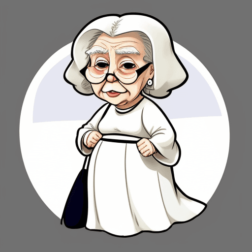 AI generated: old grumpy lady, really big round glasses, long white dress, cartoon