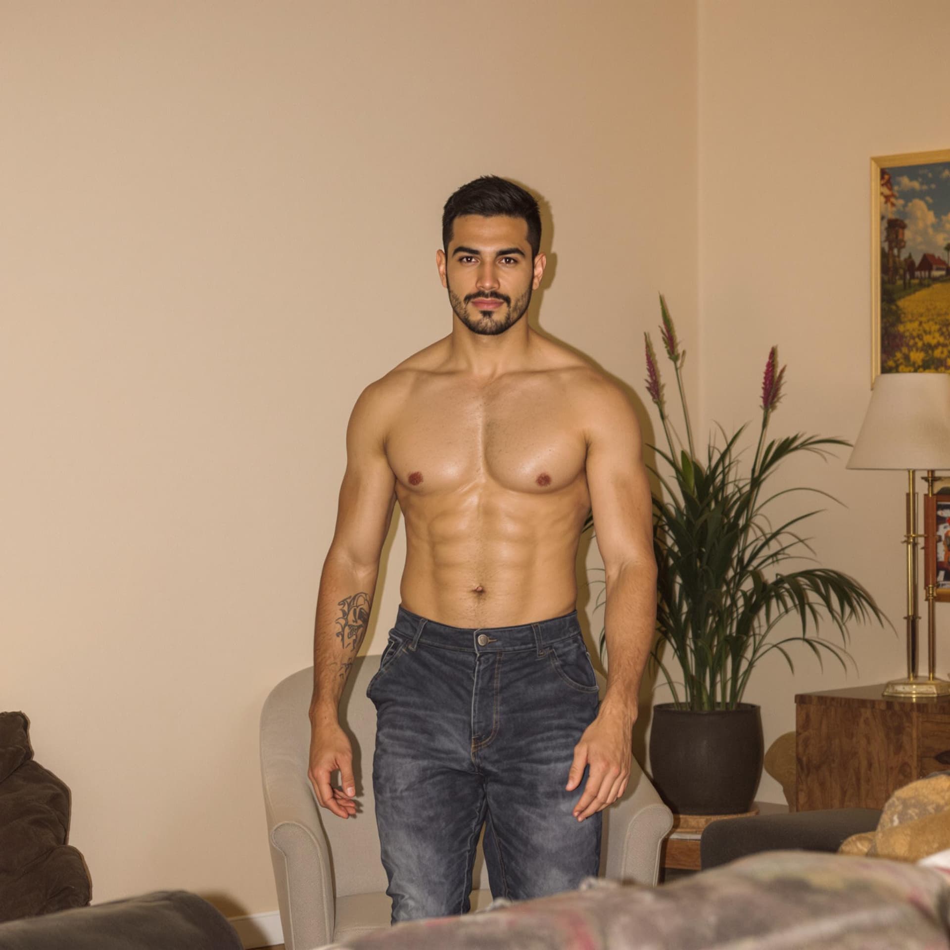 AI generated: "The Latino man who is fit , abs, stands up confidently from his seat and walks steadily towards the...