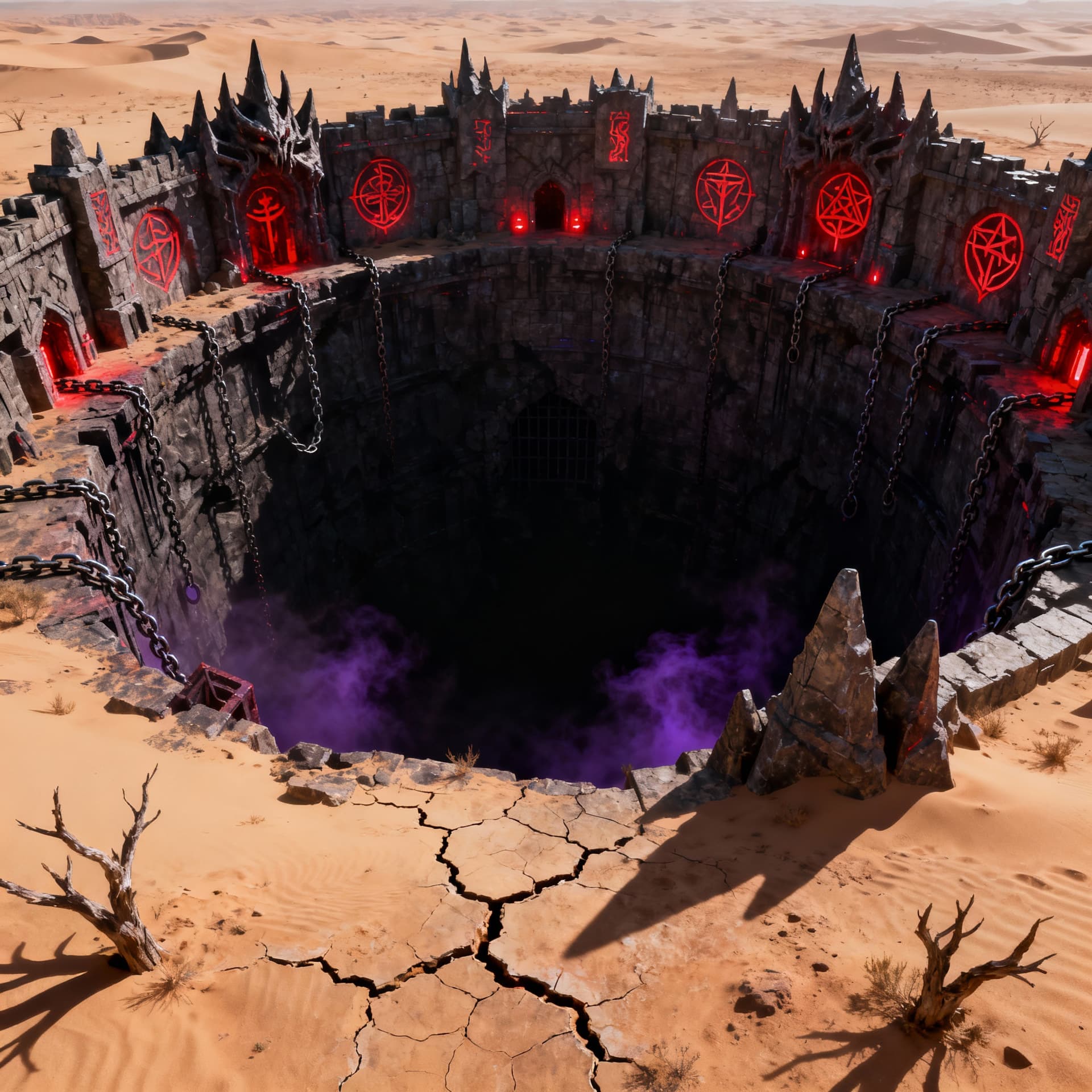 AI generated: Looking down into a massive city sized deep pit of darkness in the middle of a desert, a demonic pri...