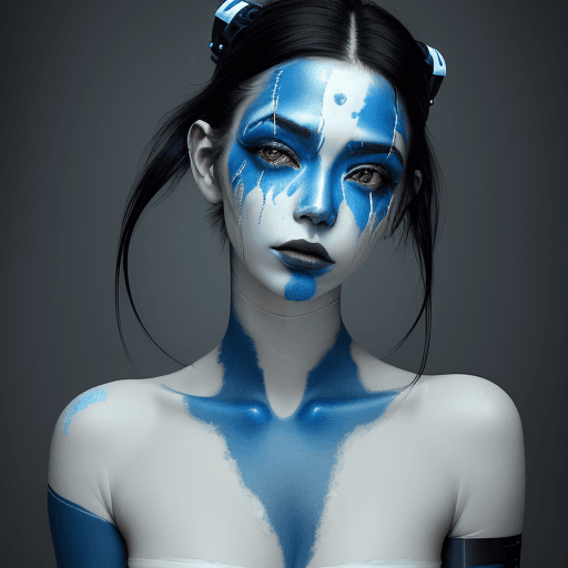 AI generated: A portrait of an attractive woman with white paint on her face and neck, blue hands made from ice co...