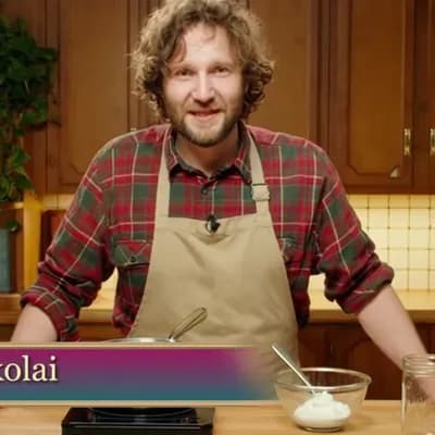 AI generated video: this man teaching how to make yogurt with russian accent in a cook tv show from the 90s
