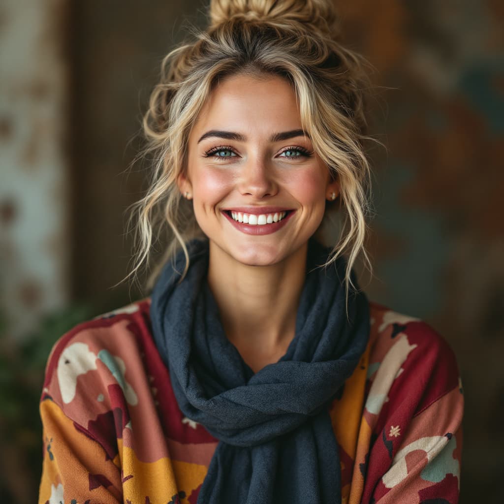 AI generated: portrait de femme de face qui tient ses cheveux blond en bataille en chignon dans ces mains, style b...