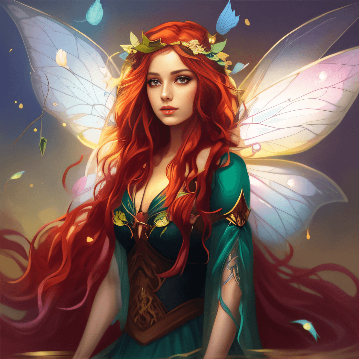 AI generated: there is a woman with long red hair and a fairy costume, portrait of fairy, portrait of a fairy, bea...