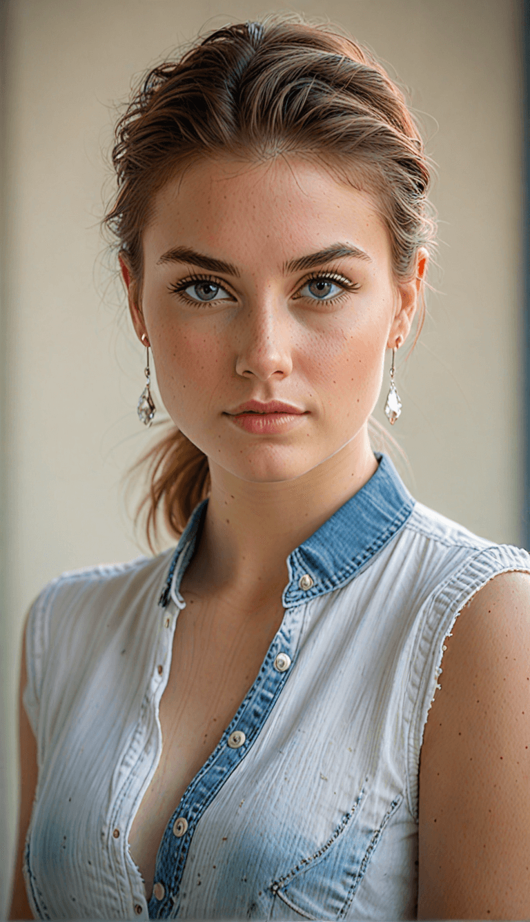 AI generated: An image of a beautiful woman with light brown hair styled in a casual updo, blue eyes, freckled ski...