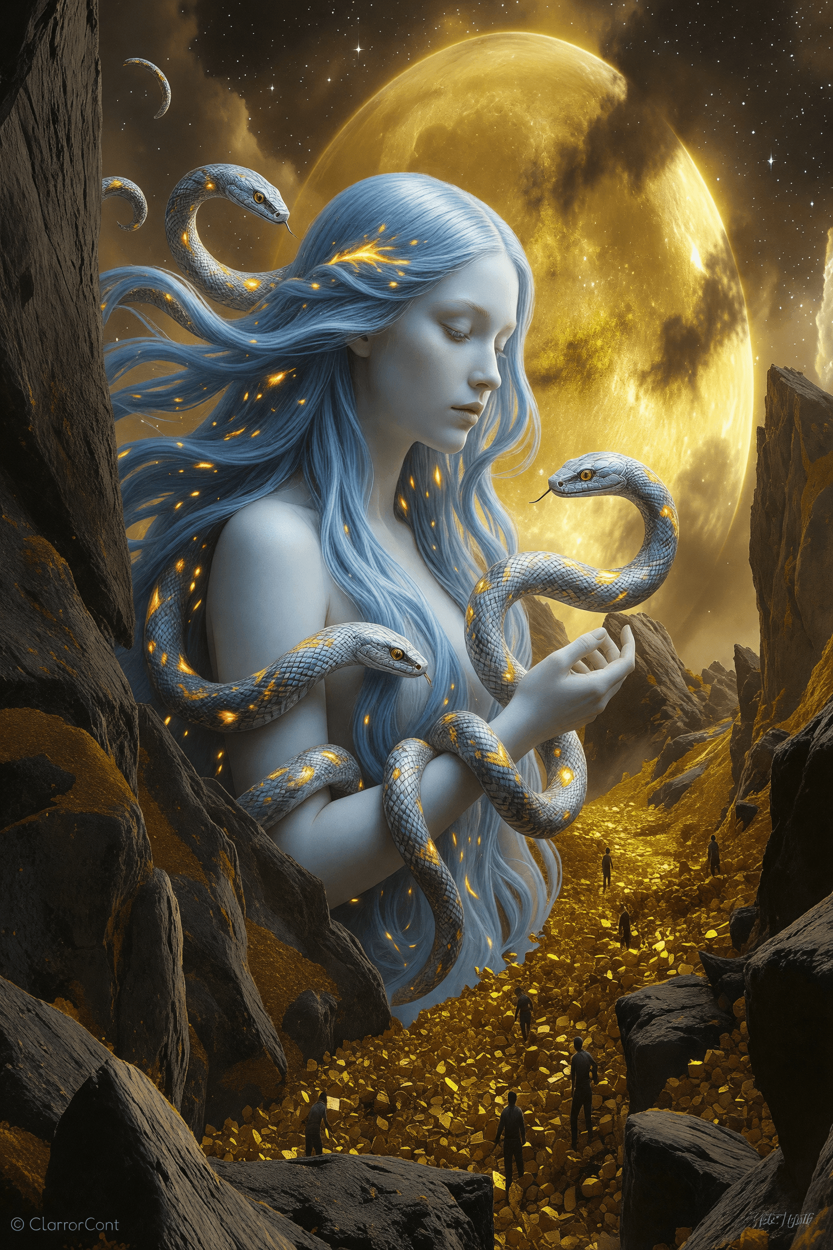 AI generated: images of a young woman, with long flowing light blue hair. with her deadly snakes, in the style of ...