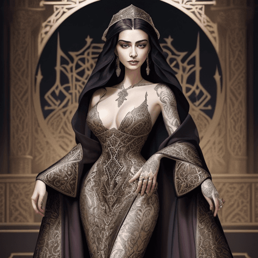 AI generated:  stylo animation, A noble woman from the Middle Ages, elegantly dressed in a luxurious gown with a d...