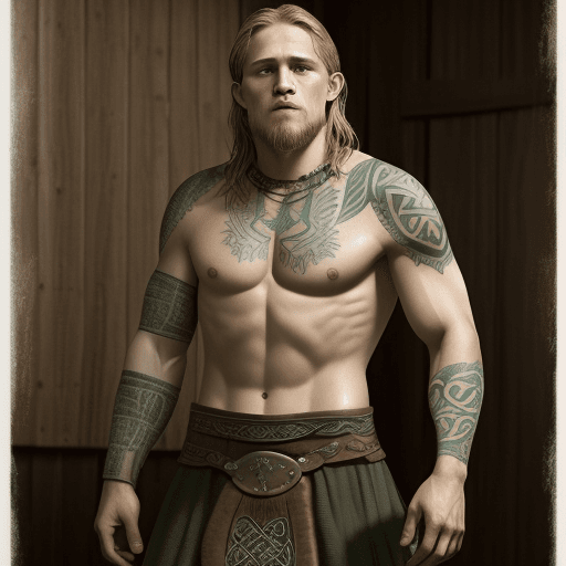 AI generated: Photo realistic Charlie hunnam as a  pict-celt from the 1300s Celtic tattoos on his chest and arms h...