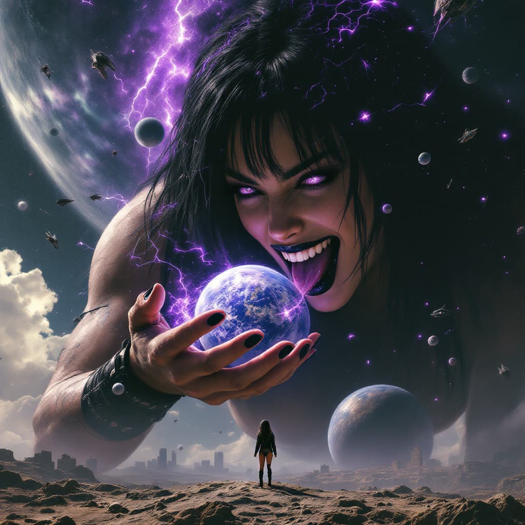 AI generated: enormous giantess female who looks like WWE superstar 
 Rhea Ripley with black medium length hair an...