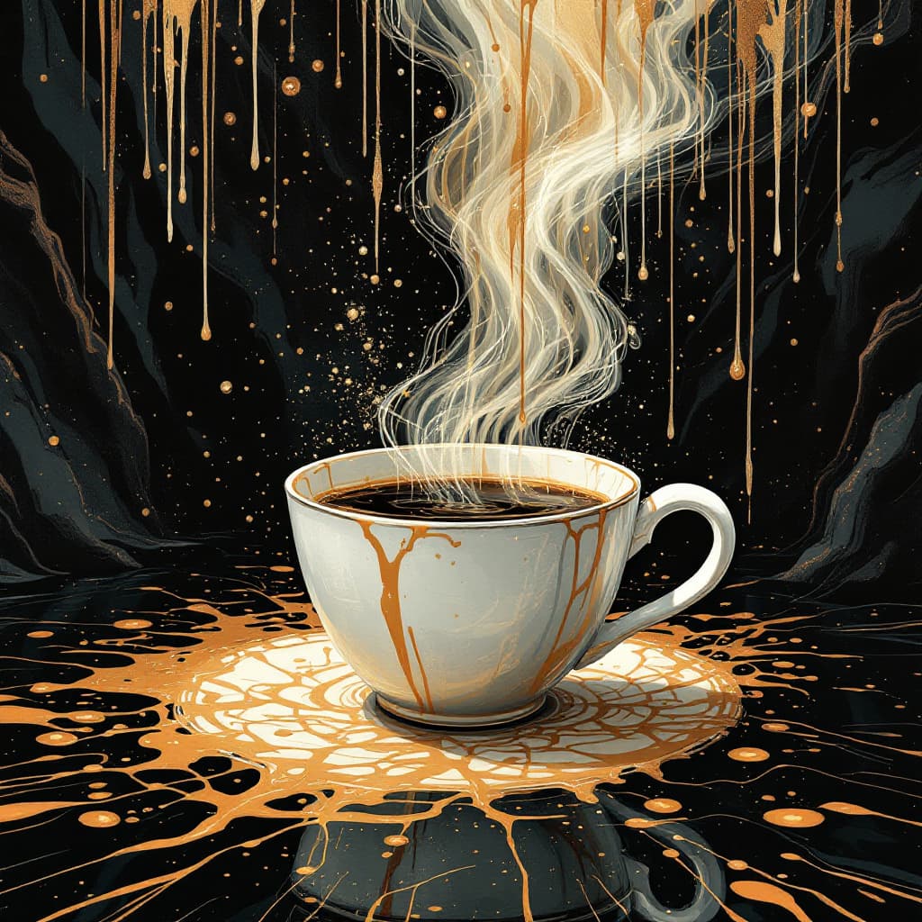 AI generated: art deco coffee art, in the style of expressive facial animation, afrofuturism, paint dripping techn...