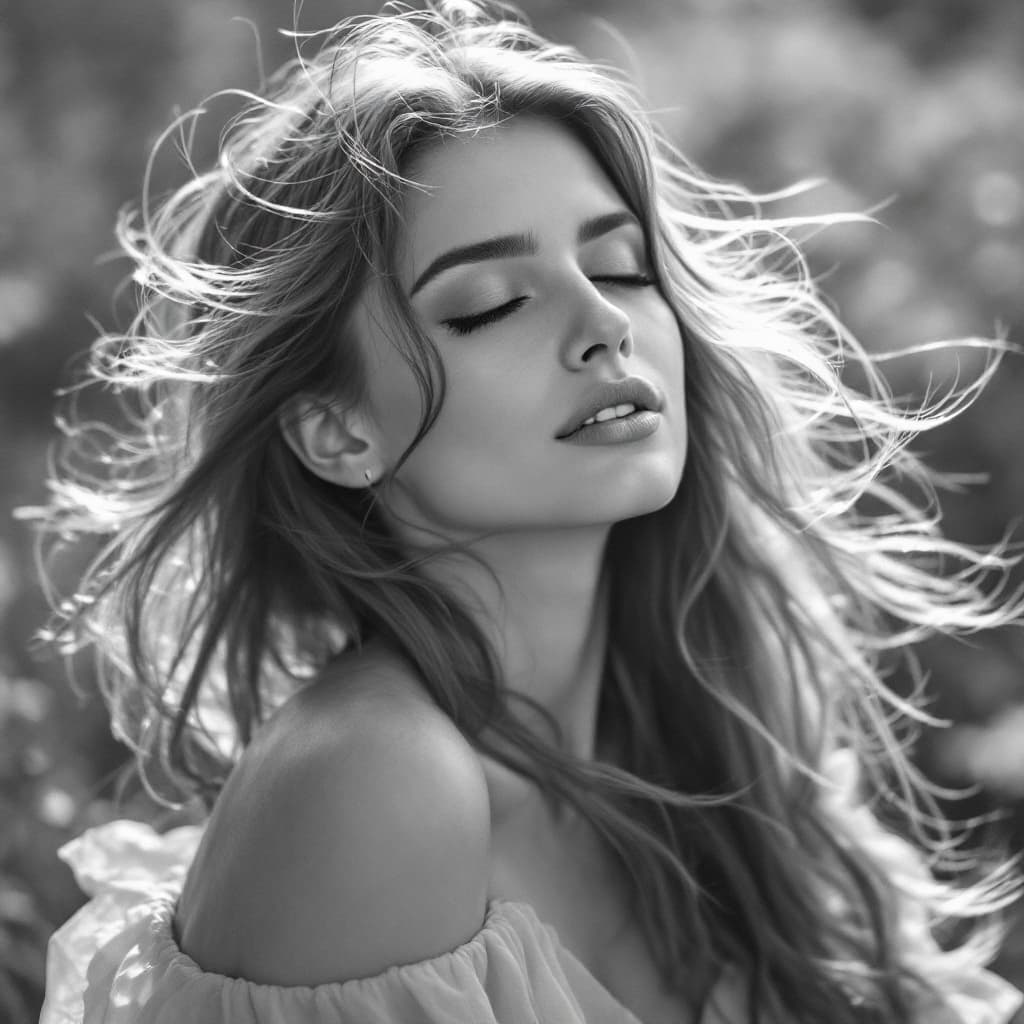 AI generated: Monochromatic outdoor portrait of a woman, eyes closed, flowing hair, light dress, serene expression...