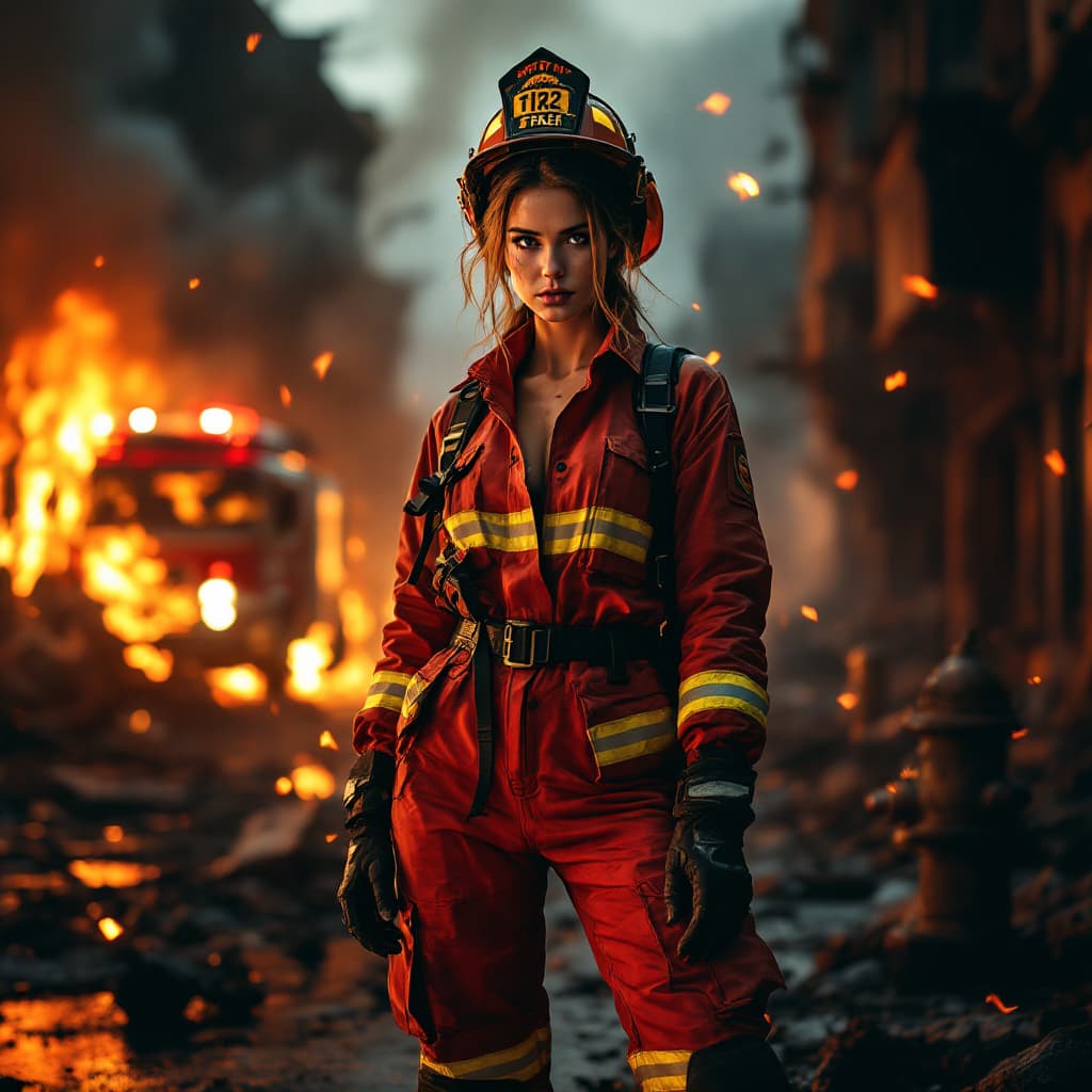 AI generated: a fierce and confident female firefighter standing amidst a dramatic urban scene of smoldering rubbl...