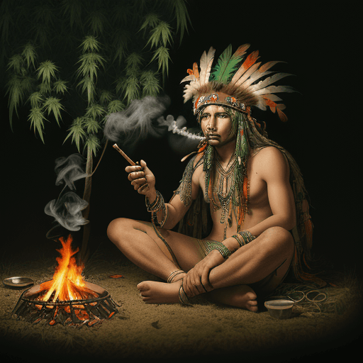 AI generated: High-resolution photograph of a psychedelic scene, indian chief with a cannabis headdress, smoking a...