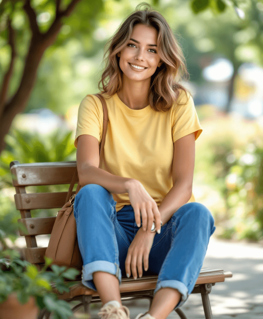 AI generated: Mujer europea de complexión esbelta, piel clara cálida y cabello castaño natural, peinado suelto y r...