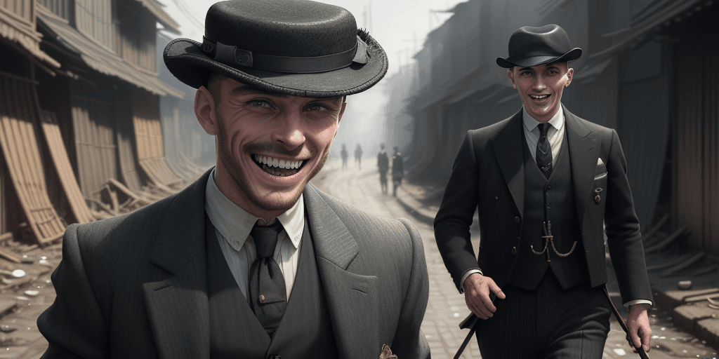 AI generated: photo of (TCr3ws:1), a man as a Peaky blinder, (laughing with bare teeth:1.3), (face focus), modelsh...