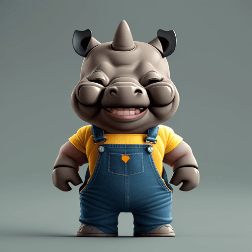 AI generated: cute strong rhino wearing overalls, smiling, Open eyes, funko pop render, big head, small body, hand...