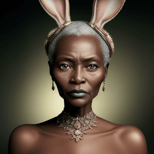 AI generated: An incredibly detailed macro beauty photo of an older African model with bunny face ,Shot on a Hasse...