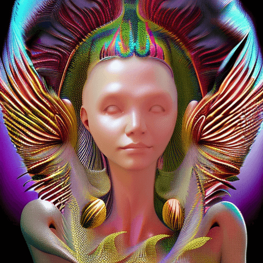 AI generated: Goddess close-up portrait ribcagel. jellyfish phoenix head, nautilus, orchid, skull, betta fish, bio...