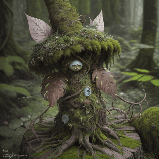 AI generated: Photo of a ultra realistic creature. Wooden boards overgrown with moss entwined along the edge of in...