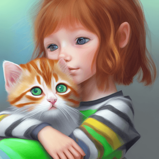 AI generated: little girl, six years old, blond, short hair, green eyes, waking up in morning by orange tabby, str...