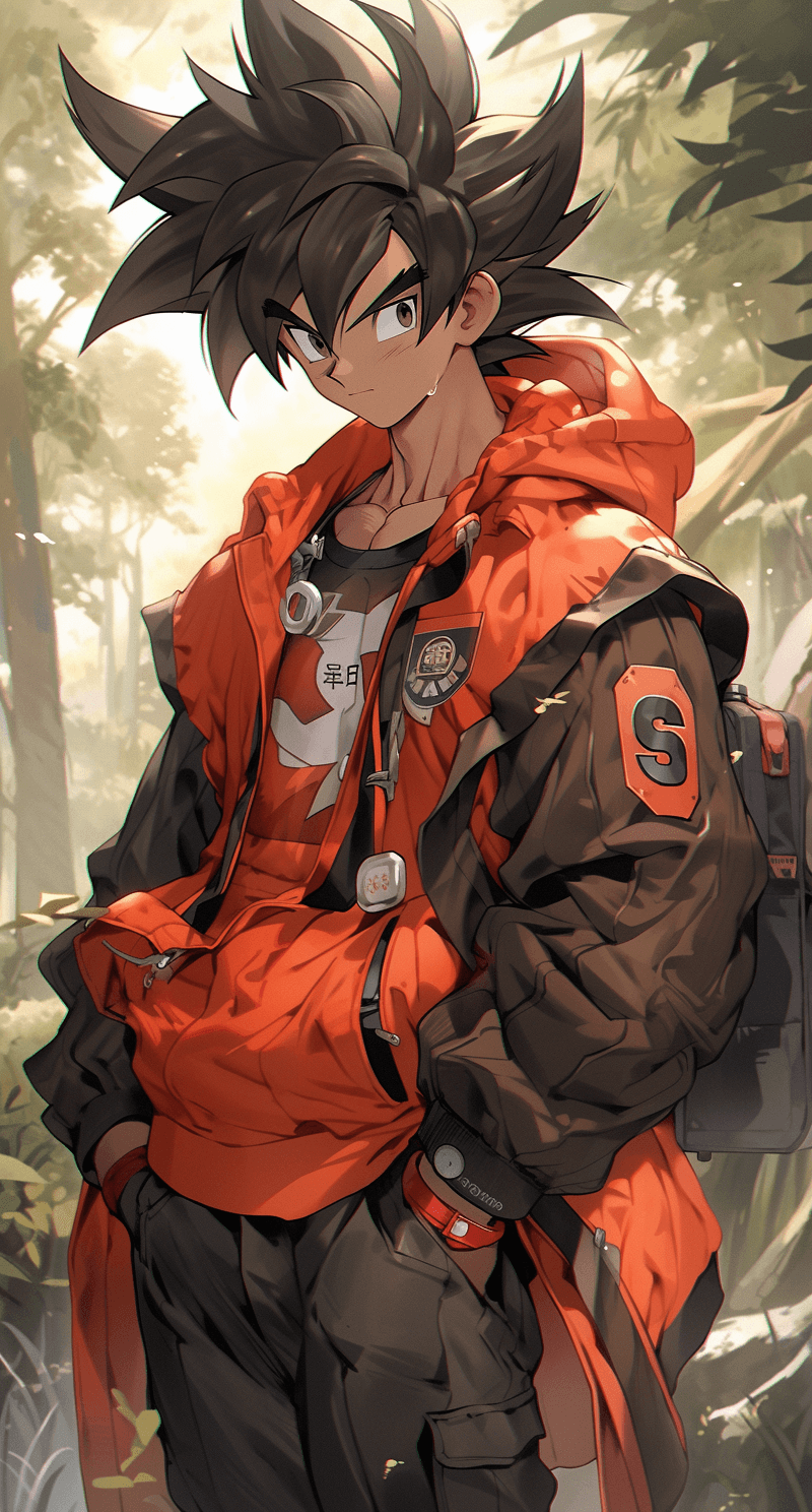 AI generated: a red dragon ball z character in the forest, in the style of dark gray and brown, handsome --ar 69:1...