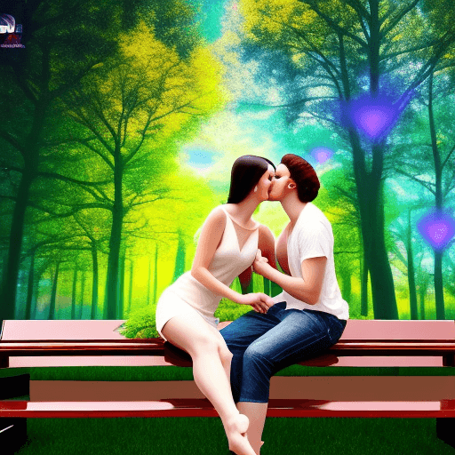 AI generated: color photo of a pair of ethereal auras, radiating love and connection kissing, seated on a bench in...