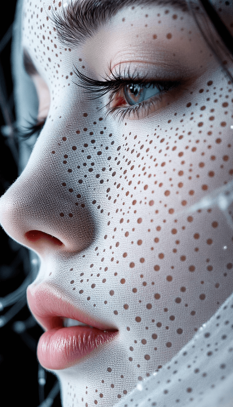 AI generated: close up macro shot, perforated holes in face, white cloth made from fiberoptic cables, depth of fie...