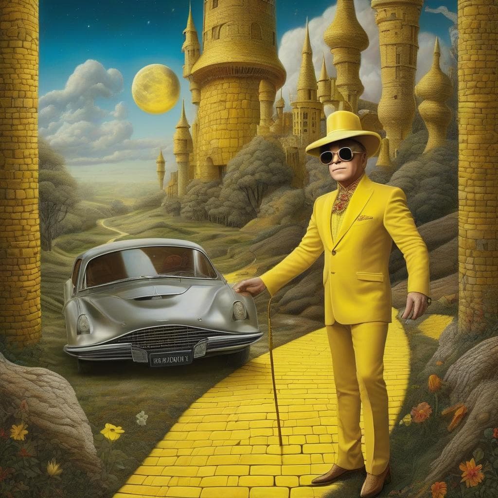 AI generated: Starman still standing on the Yellow Brick Road, with Elton John. Neo surrealism, magical realism, b...